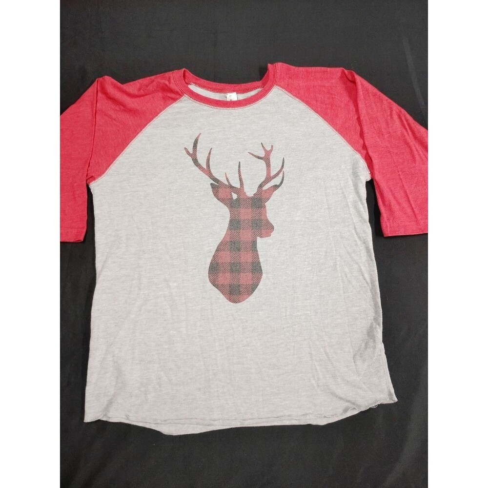 Grey Raglan Half Sleeve Top with red sleeves and Buffalo Plaid Deer Head